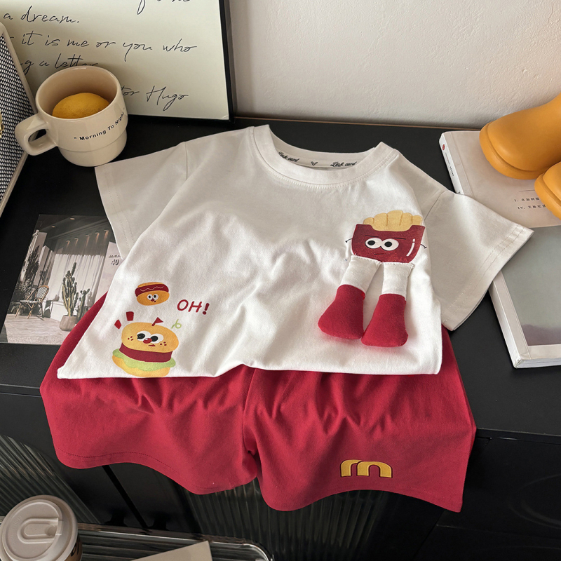 Set de haine din bumbac pentru copii, două piese: tricou cu mânecă scurtă și șort, vară, cu model 3D, antibacterian