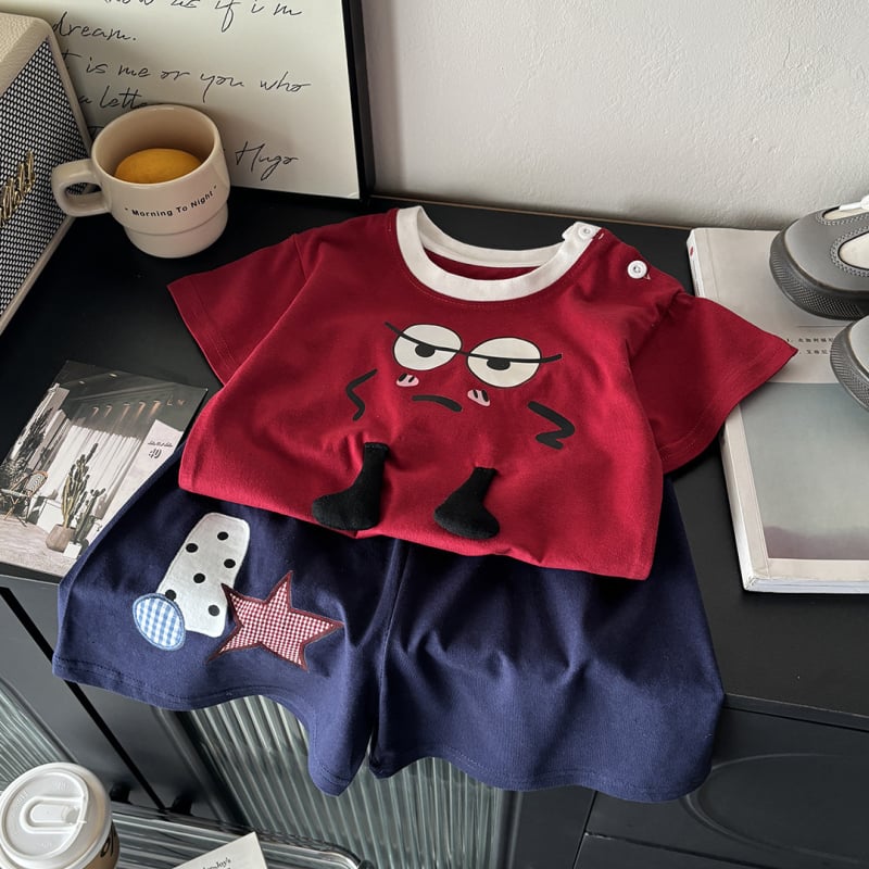 Set de haine din bumbac pentru copii, două piese: tricou cu mânecă scurtă și șort, vară, cu model 3D, antibacterian