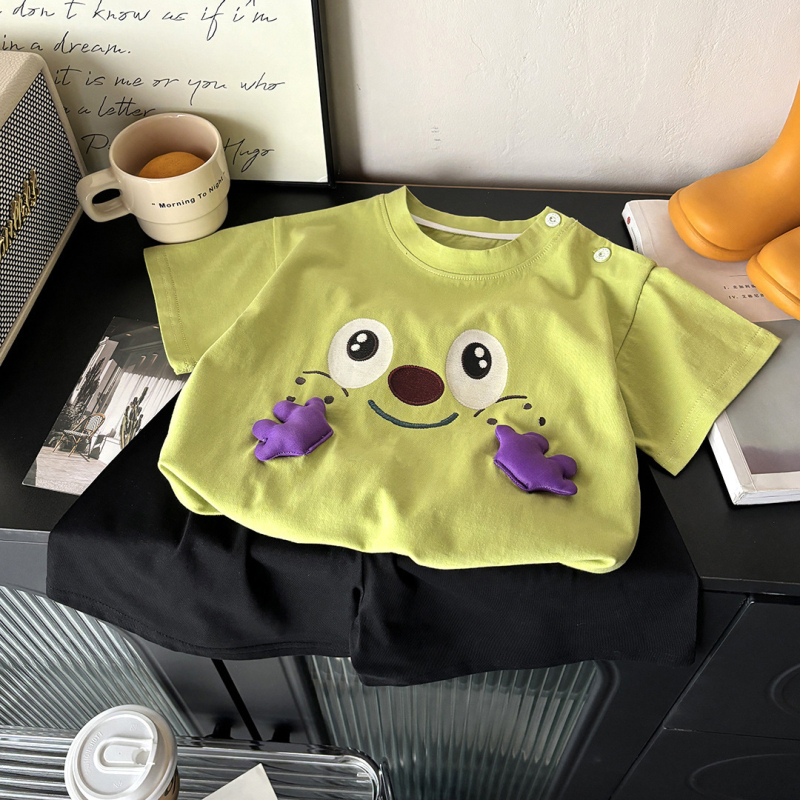 Set de haine din bumbac pentru copii, două piese: tricou cu mânecă scurtă și șort, vară, cu model 3D, antibacterian