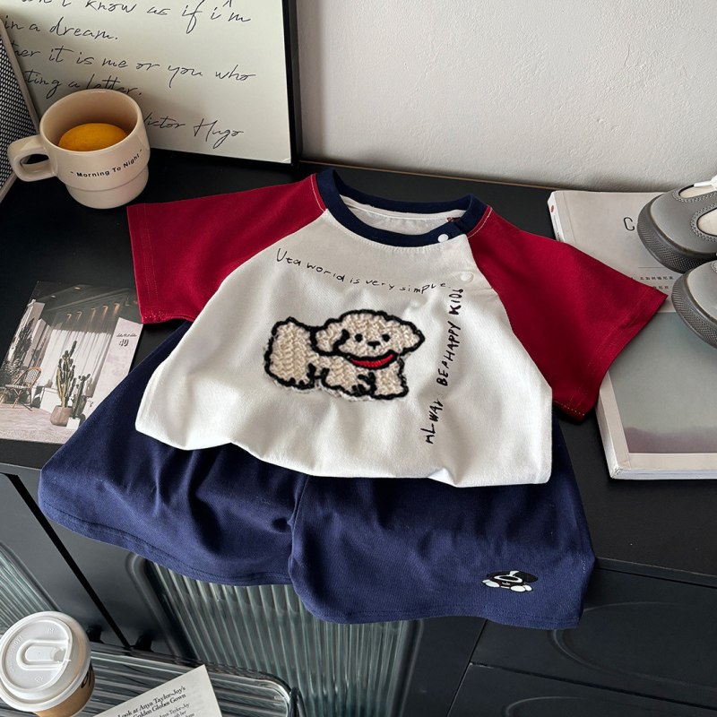 Set de haine din bumbac pentru copii, două piese: tricou cu mânecă scurtă și șort, vară, cu model 3D, antibacterian