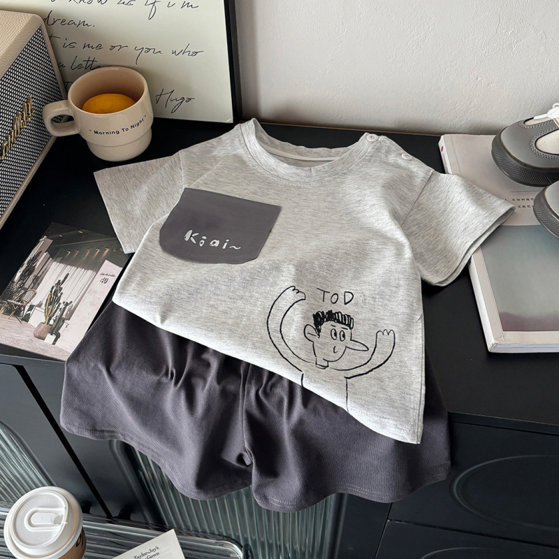 Set de haine din bumbac pentru copii, două piese: tricou cu mânecă scurtă și șort, vară, cu model 3D, antibacterian