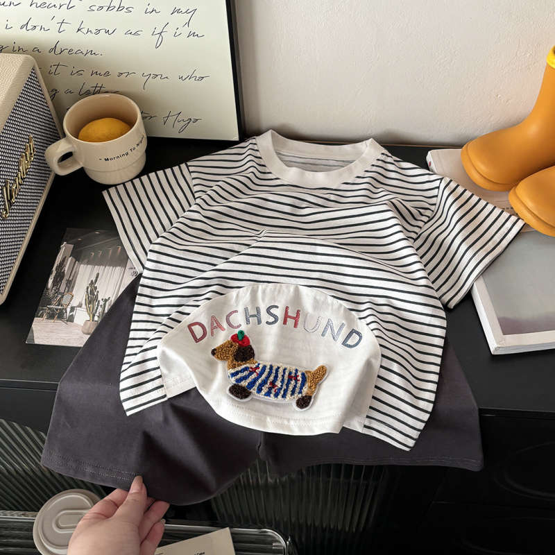 Set de haine din bumbac pentru copii, două piese: tricou cu mânecă scurtă și șort, vară, cu model 3D, antibacterian