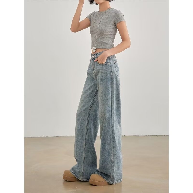 Blugi denim pentru femei, stil american retro, talie înaltă, croială largă, lungime completă, croială dreaptă, 2026 nou