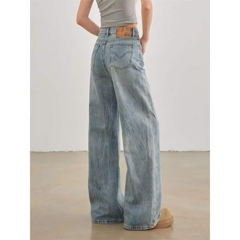 Blugi denim pentru femei, stil american retro, talie înaltă, croială largă, lungime completă, croială dreaptă, 2026 nou