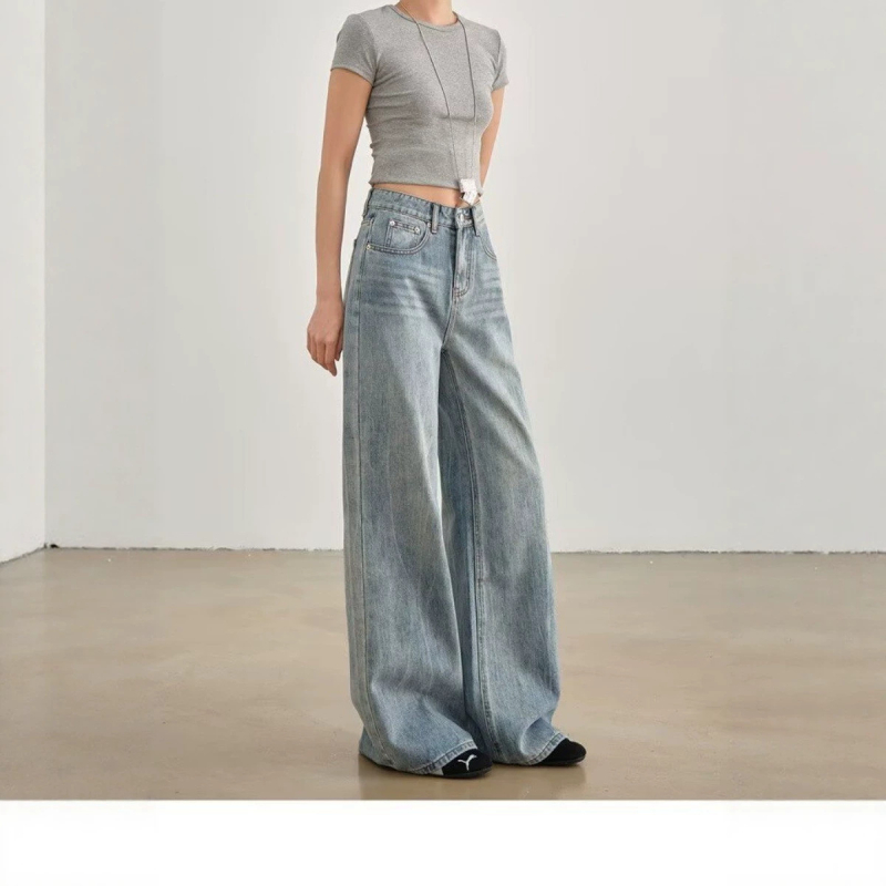 Blugi denim pentru femei, stil american retro, talie înaltă, croială largă, lungime completă, croială dreaptă, 2026 nou
