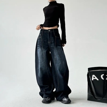 Jeansi dama talie înaltă, croială wide leg, denim, broderie cu motiv sabie curbată, stil retro american, lungime până la podea, toamna 2025