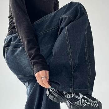 Jeansi dama talie înaltă, croială wide leg, denim, broderie cu motiv sabie curbată, stil retro american, lungime până la podea, toamna 2025