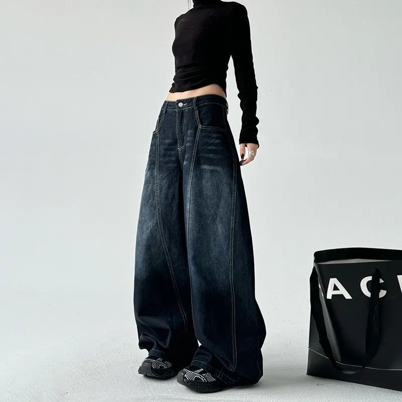 Jeansi dama talie înaltă, croială wide leg, denim, broderie cu motiv sabie curbată, stil retro american, lungime până la podea, toamna 2025