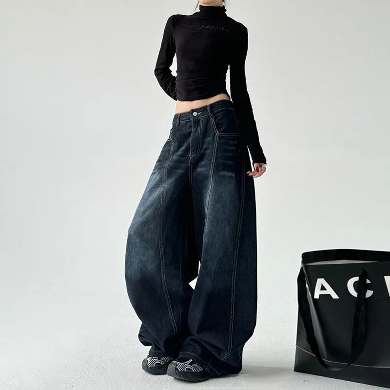 Jeansi dama talie înaltă, croială wide leg, denim, broderie cu motiv sabie curbată, stil retro american, lungime până la podea, toamna 2025