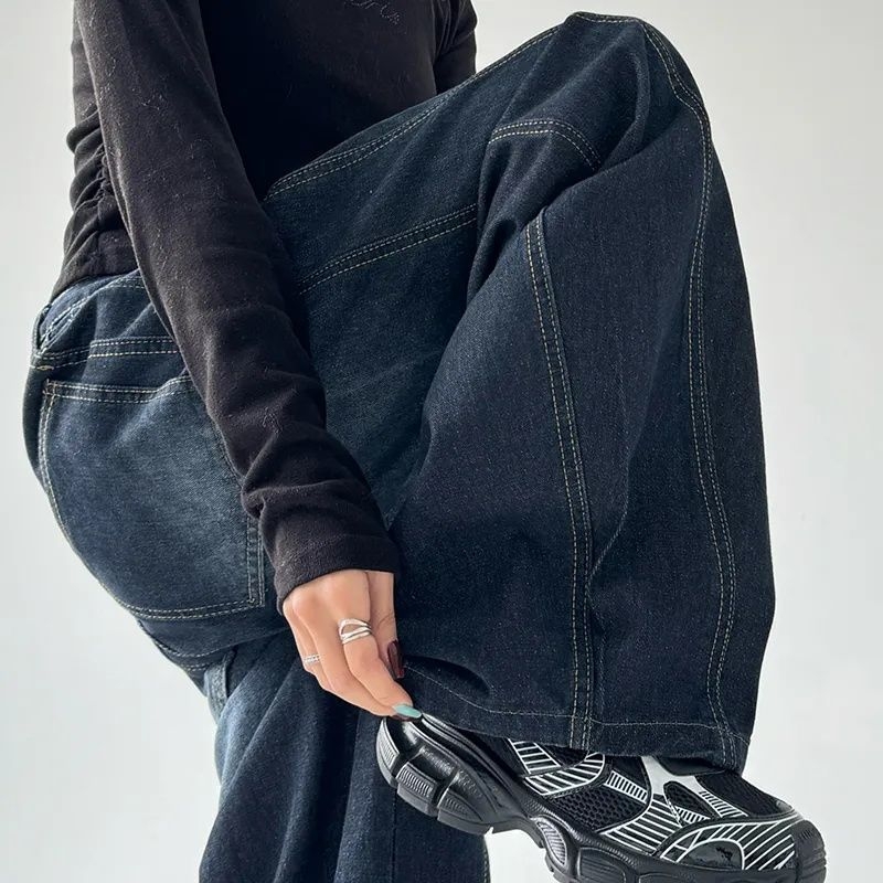 Jeansi dama talie înaltă, croială wide leg, denim, broderie cu motiv sabie curbată, stil retro american, lungime până la podea, toamna 2025