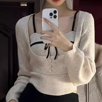 Set din două piese: top tricot cu fundă pentru femei, stil primăvară, croială slim