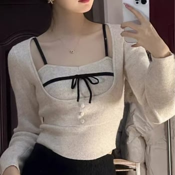 Set din două piese: top tricot cu fundă pentru femei, stil primăvară, croială slim