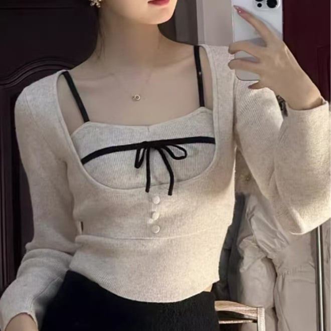 Set din două piese: top tricot cu fundă pentru femei, stil primăvară, croială slim