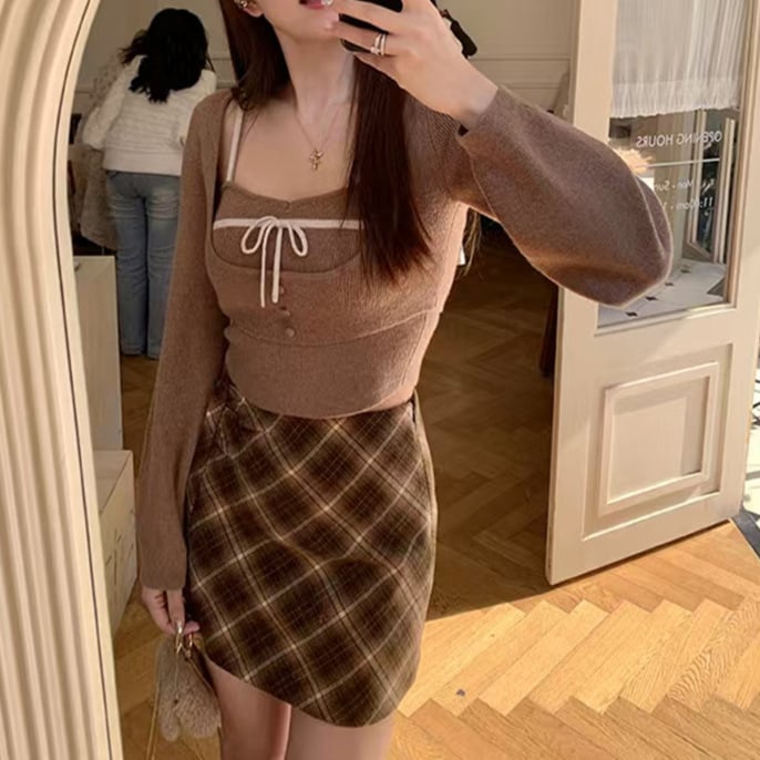 Set din două piese: top tricot cu fundă pentru femei, stil primăvară, croială slim