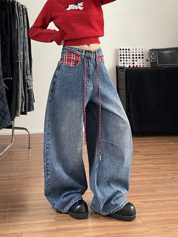 Jeanși dama în stil american retro, model în carouri și buzunare, tiv curbat, talie înaltă, croială dreptă cu wide-leg, lungime până la podea