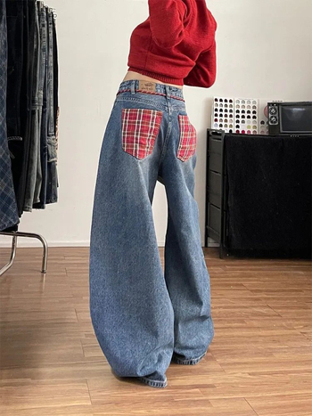 Jeanși dama în stil american retro, model în carouri și buzunare, tiv curbat, talie înaltă, croială dreptă cu wide-leg, lungime până la podea