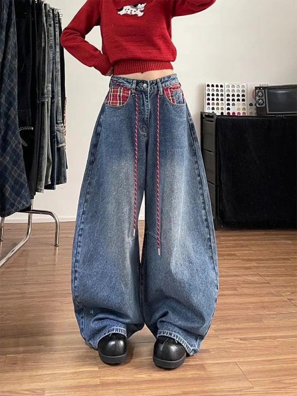 Jeanși dama în stil american retro, model în carouri și buzunare, tiv curbat, talie înaltă, croială dreptă cu wide-leg, lungime până la podea