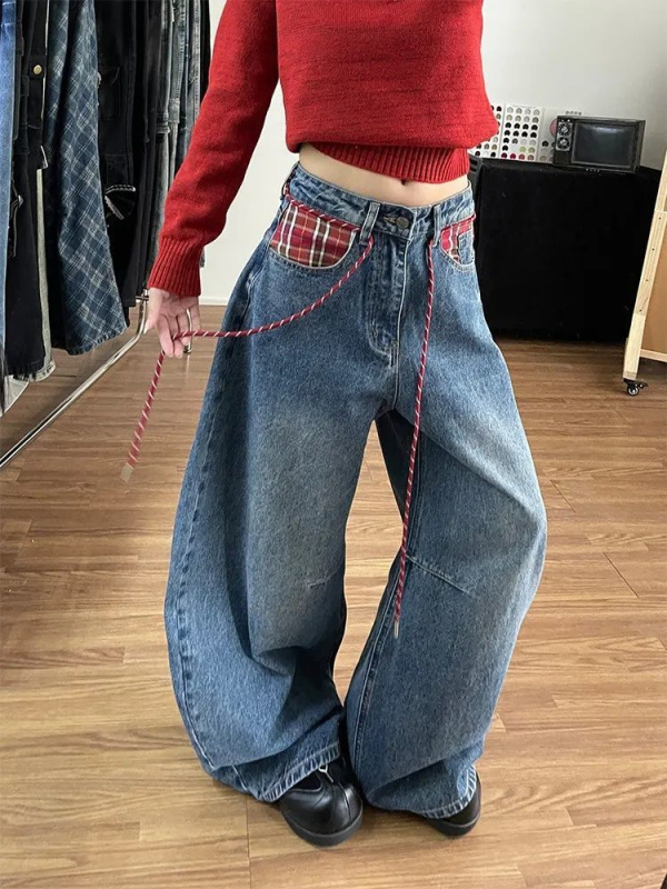 Jeanși dama în stil american retro, model în carouri și buzunare, tiv curbat, talie înaltă, croială dreptă cu wide-leg, lungime până la podea