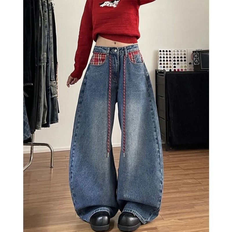 Jeanși dama în stil american retro, model în carouri și buzunare, tiv curbat, talie înaltă, croială dreptă cu wide-leg, lungime până la podea
