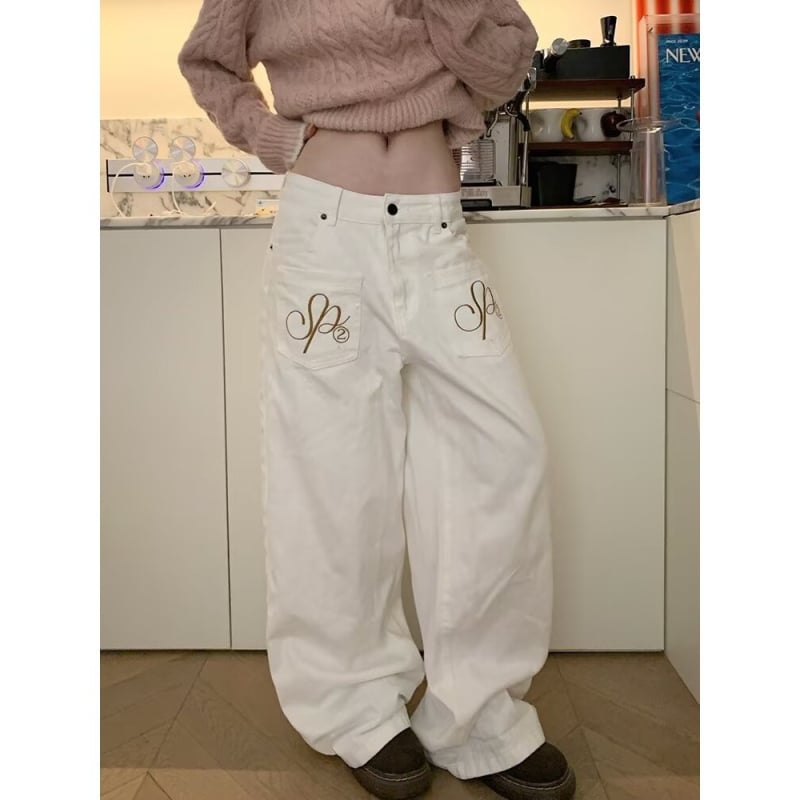 Jeans albi de damă din denim, broderie cu aripă, talie înaltă, croială lejeră, drepți largi