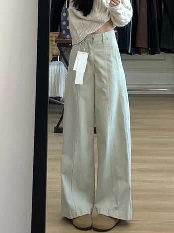 Pantaloni largi pentru femei, crem, pentru siluetă în formă de pară, plus size, talie înaltă, denim din bumbac stretch