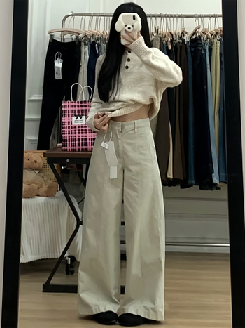 Pantaloni largi pentru femei, crem, pentru siluetă în formă de pară, plus size, talie înaltă, denim din bumbac stretch