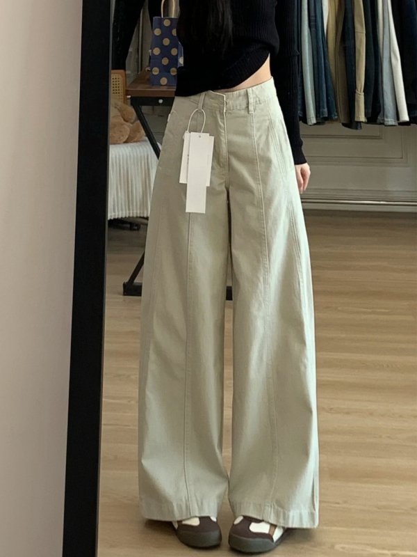 Pantaloni largi pentru femei, crem, pentru siluetă în formă de pară, plus size, talie înaltă, denim din bumbac stretch