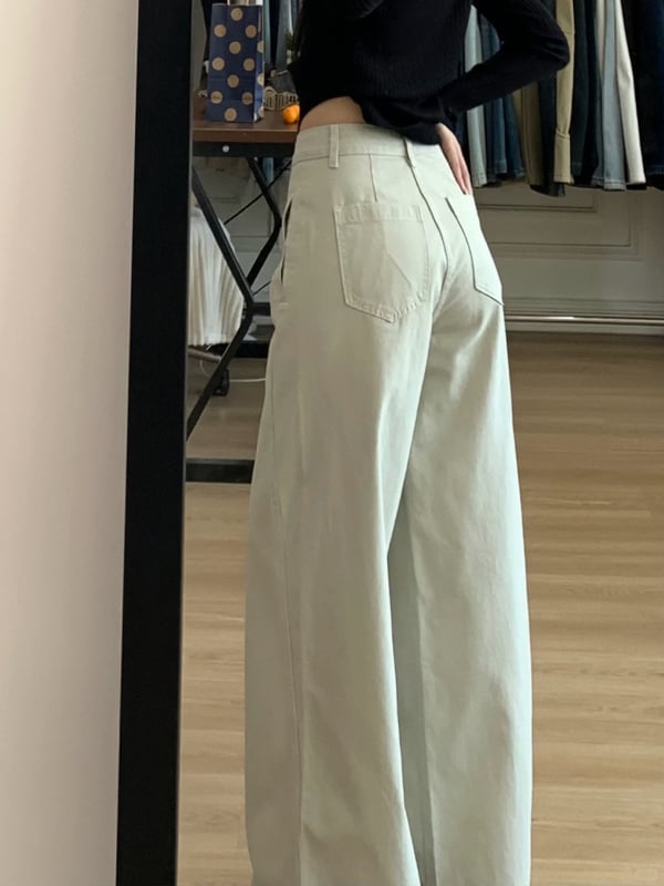 Pantaloni largi pentru femei, crem, pentru siluetă în formă de pară, plus size, talie înaltă, denim din bumbac stretch