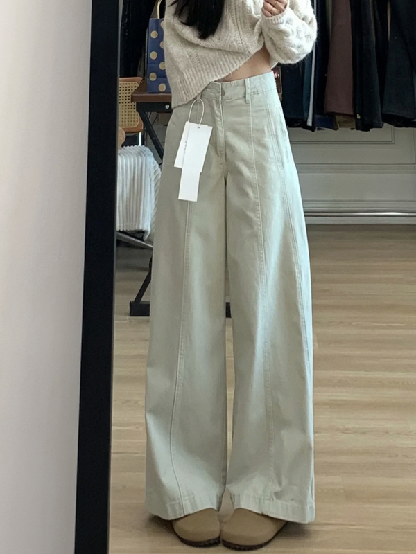 Pantaloni largi pentru femei, crem, pentru siluetă în formă de pară, plus size, talie înaltă, denim din bumbac stretch
