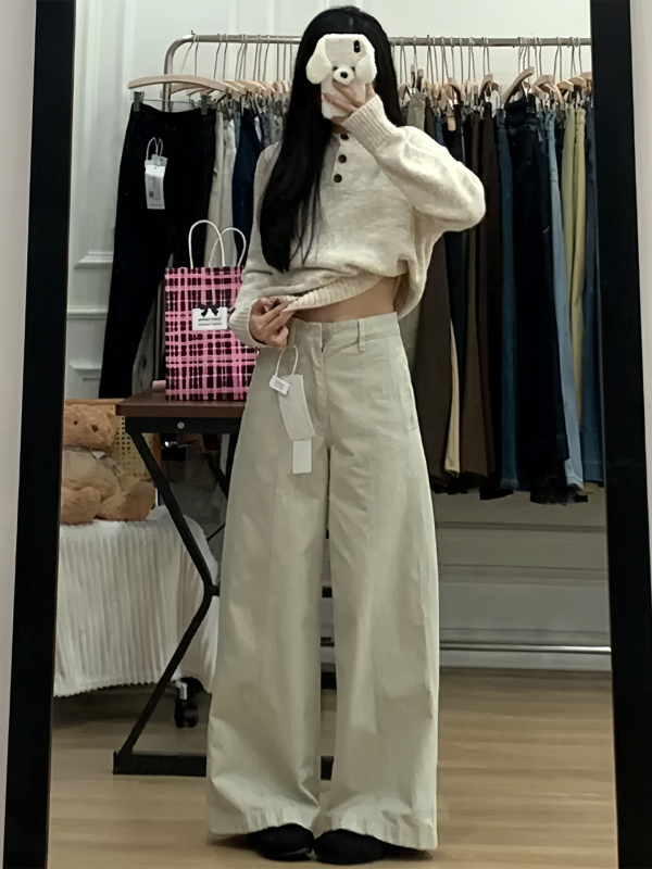 Pantaloni largi pentru femei, crem, pentru siluetă în formă de pară, plus size, talie înaltă, denim din bumbac stretch
