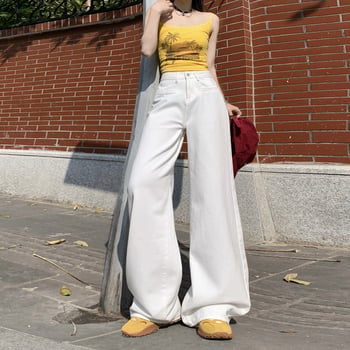 Blugi albi pentru femei, cu picioare largi, talie înaltă, croială lejeră drept, denim, lungime până la podea, primăvara 2025