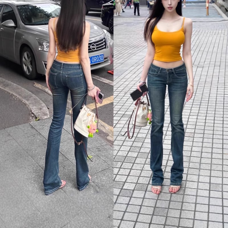 Blugi pentru femei cu inspirație coreeană, distressed vintage, microflare, talie joasă, croială slim, lungime până la podea, colecție toamnă