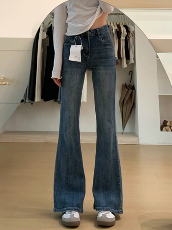 Pantaloni de damă din denim, evazați, cu căptușeală din fleece, talie înaltă, croială amplă, groși pentru toamnă-iarnă, alungesc silueta