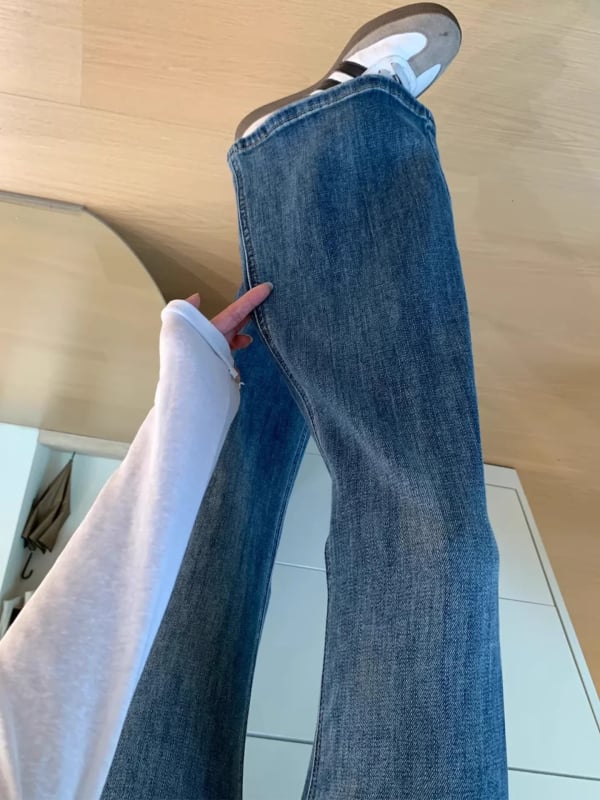 Pantaloni de damă din denim, evazați, cu căptușeală din fleece, talie înaltă, croială amplă, groși pentru toamnă-iarnă, alungesc silueta