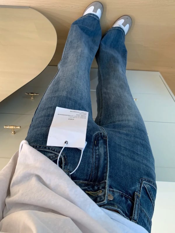 Pantaloni de damă din denim, evazați, cu căptușeală din fleece, talie înaltă, croială amplă, groși pentru toamnă-iarnă, alungesc silueta