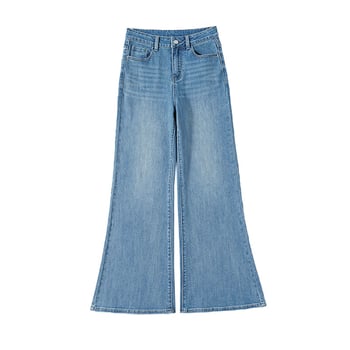 Jeans denim albastru deschis pentru femei, talie înaltă, micro-evazat, croială lejeră, lungi, primăvara 2026.