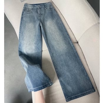 Jeansi pentru femei cu cristale albastre vintage, talie înaltă, croială largă, lejeră, drept pentru siluete mici