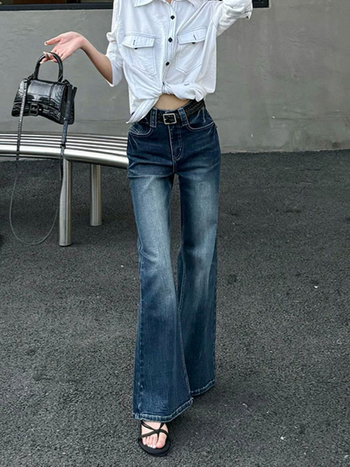 Jeans femei mărime mare cu talie înaltă, picior ușor evazat, denim retro bell-bottom