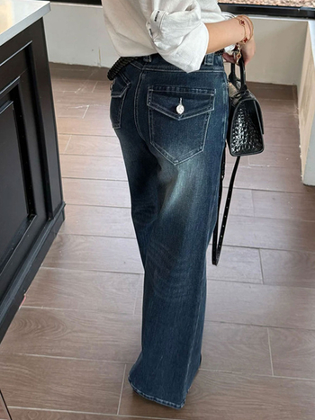 Jeans femei mărime mare cu talie înaltă, picior ușor evazat, denim retro bell-bottom