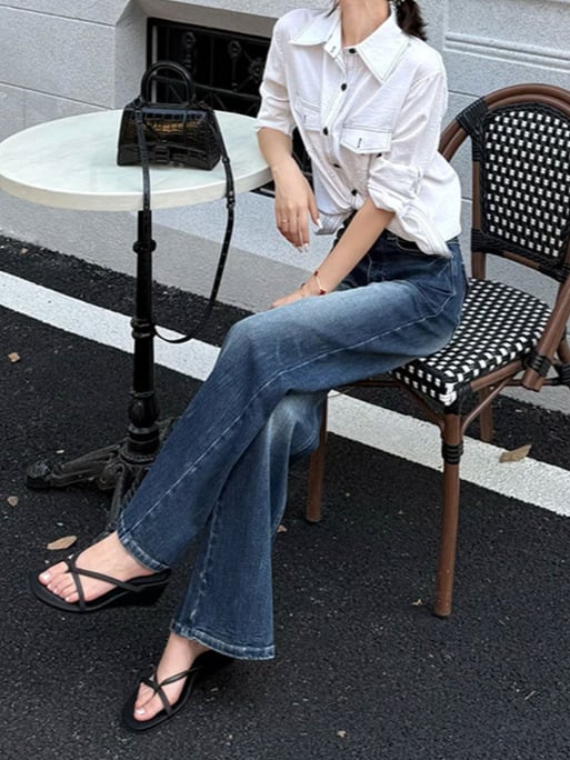 Jeans femei mărime mare cu talie înaltă, picior ușor evazat, denim retro bell-bottom