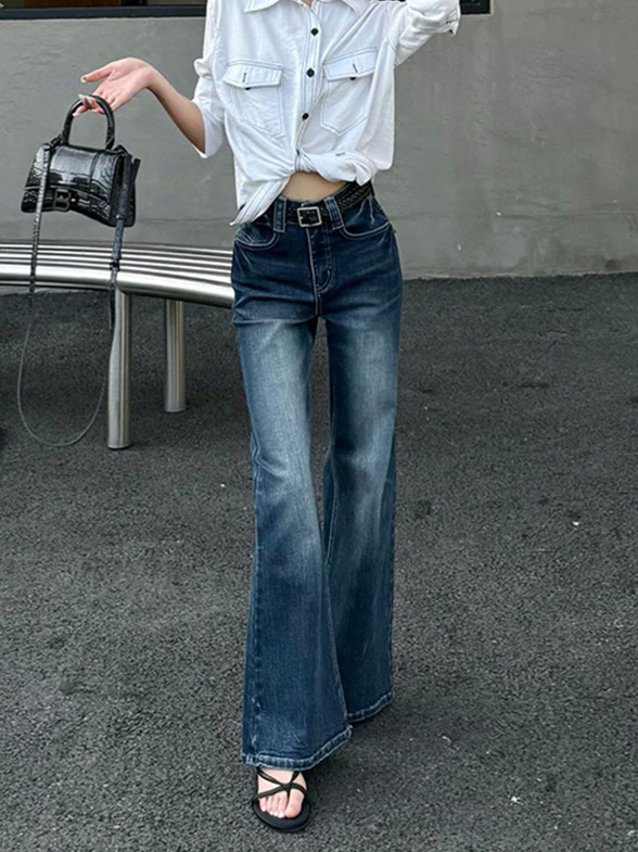 Jeans femei mărime mare cu talie înaltă, picior ușor evazat, denim retro bell-bottom