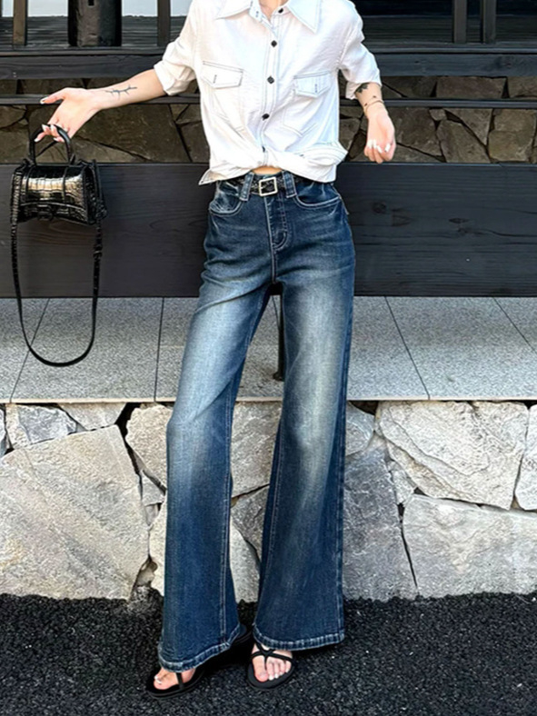Jeans femei mărime mare cu talie înaltă, picior ușor evazat, denim retro bell-bottom