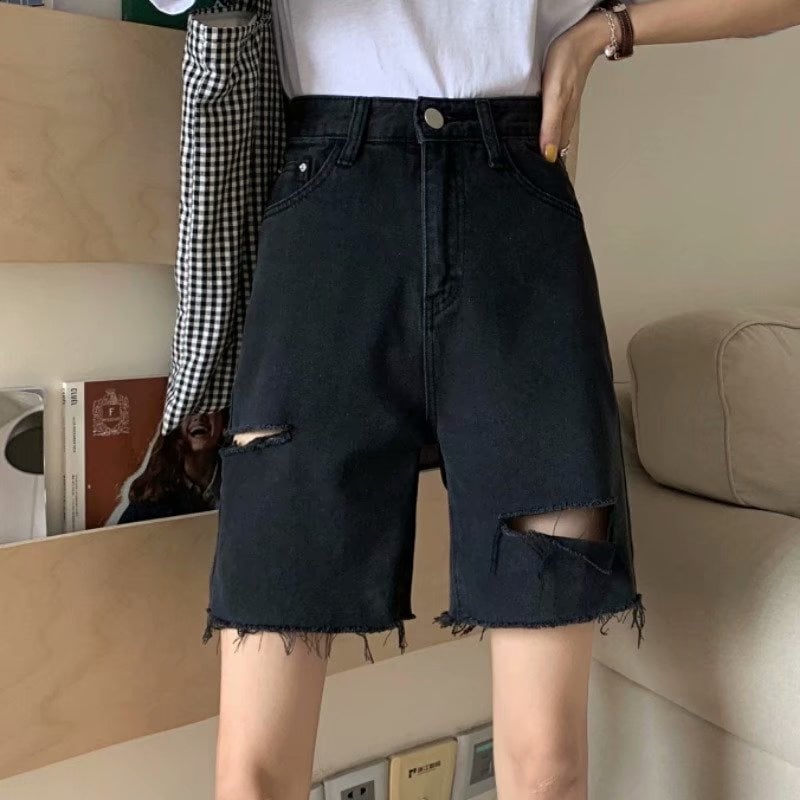 Șorturi din denim pentru femei, până la mijlocul coapselor, vară 2024, stil coreean, croi lejer, negru, talie înaltă, rupturi, croială dreaptă.