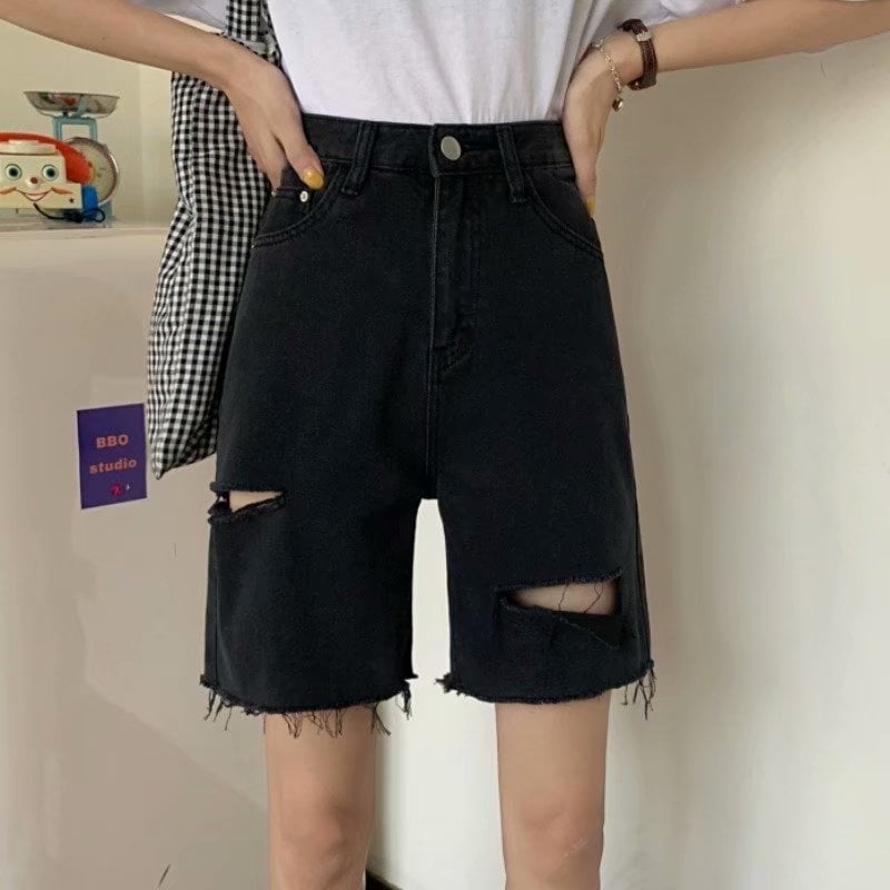 Șorturi din denim pentru femei, până la mijlocul coapselor, vară 2024, stil coreean, croi lejer, negru, talie înaltă, rupturi, croială dreaptă.