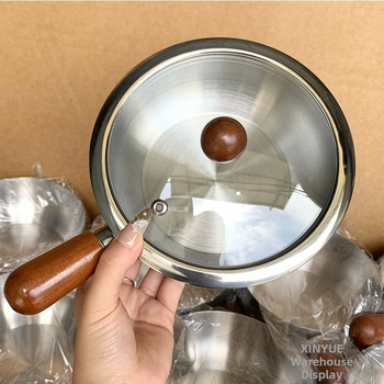 Rozsdamentes acél tejfőző edény babáknak, fa fogantyúval, kis méretű tapadásmentes edény bébiételekhez, égési sérülés elleni védelem