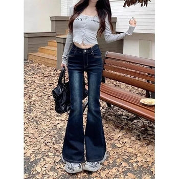 Jeans dama în stil american, denim spălat, talie joasă, ușor evazați, siluetă cu croială evazivă, toamnă 2025, croială slim și versatilă