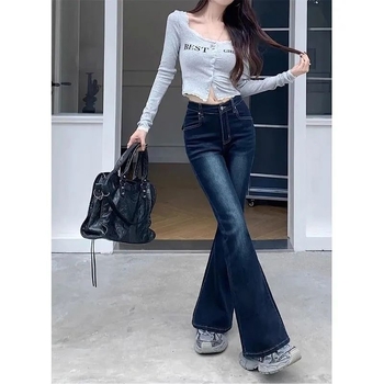 Jeans dama în stil american, denim spălat, talie joasă, ușor evazați, siluetă cu croială evazivă, toamnă 2025, croială slim și versatilă
