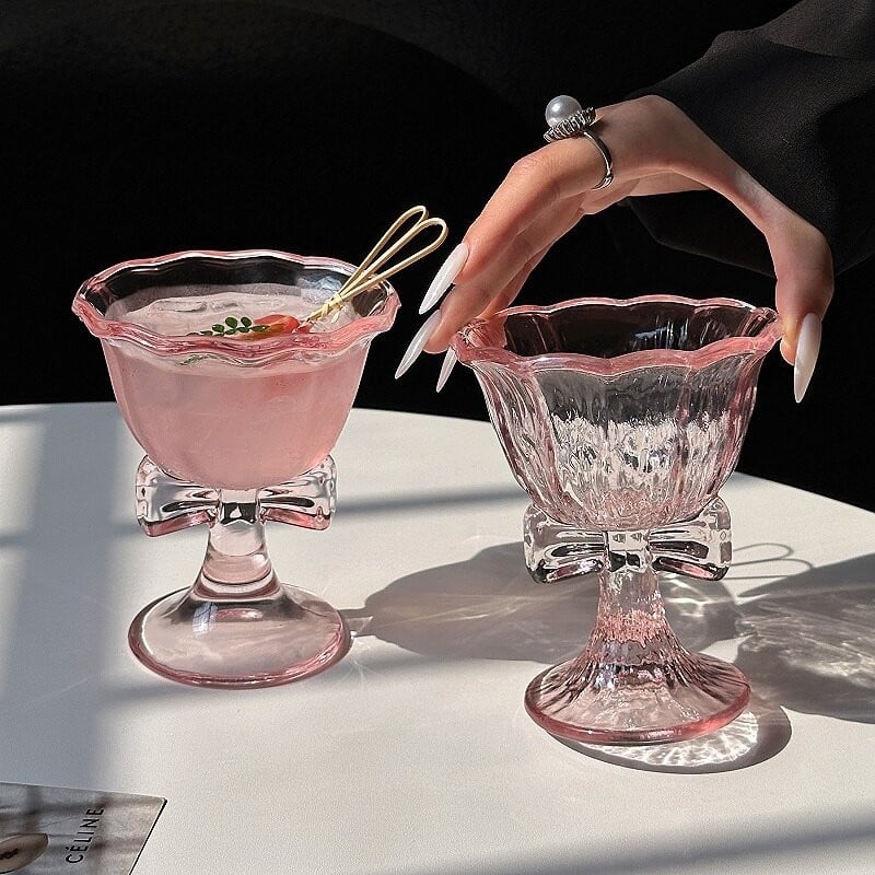 LIDY Pahar roz cu picior înalt și nod de fluture, pentru vin roșu, șampanie, cocktailuri și cafea