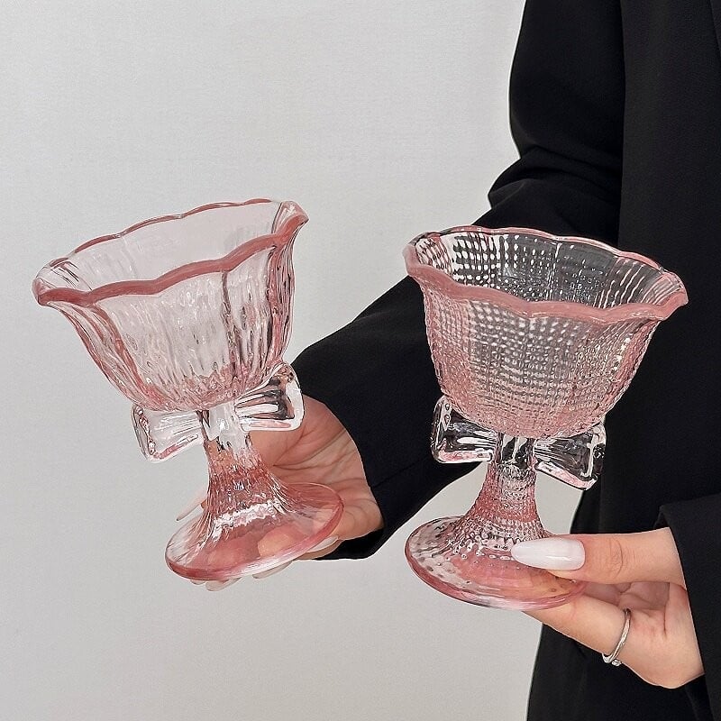 LIDY Pahar roz cu picior înalt și nod de fluture, pentru vin roșu, șampanie, cocktailuri și cafea