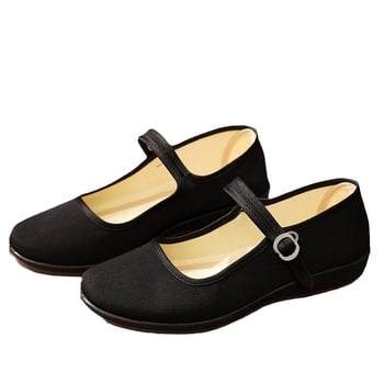 Pantofi de damă din pânză, talpă plată, negri, vârf pătrat, închidere cu cataramă, pentru birou și dans